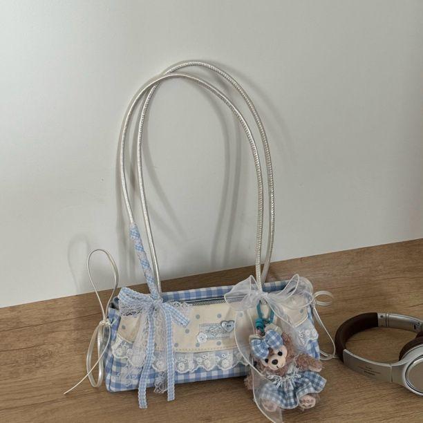 

Bow Plaid Blue Purse Shoulder Bag Women Fairy Core Aesthetic Trendy Silk Ribbon Chic Y2k Handbag Ladies Sweet Cute Underarm Bag 30x11x8cm синий