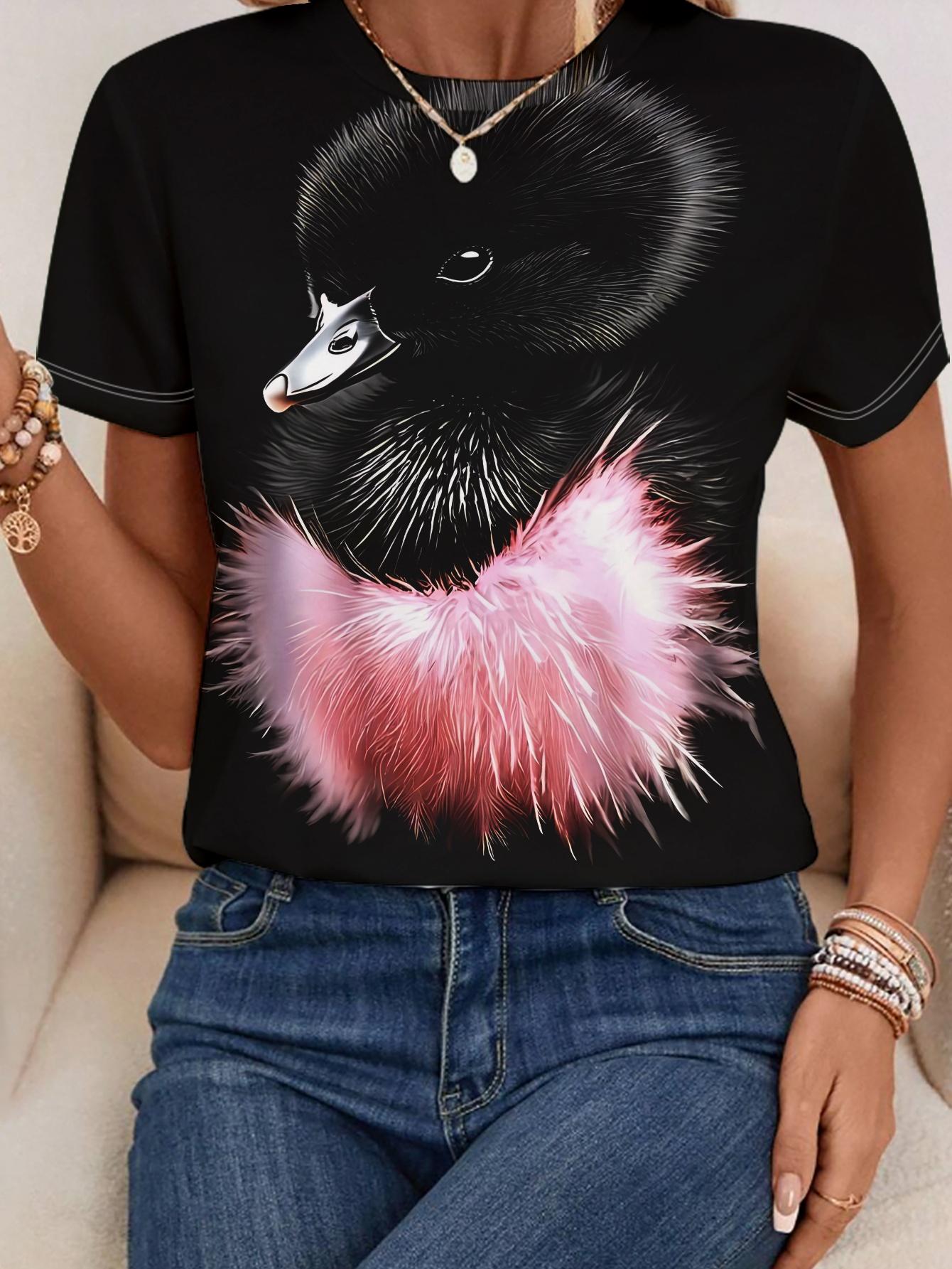 

New Summer Women s Short-Sleeve T-Shirt. Featuring a Little Black Duckling with Pink Feathers Around Its Neck. Set Against a Black Background for an A S дубильная кора