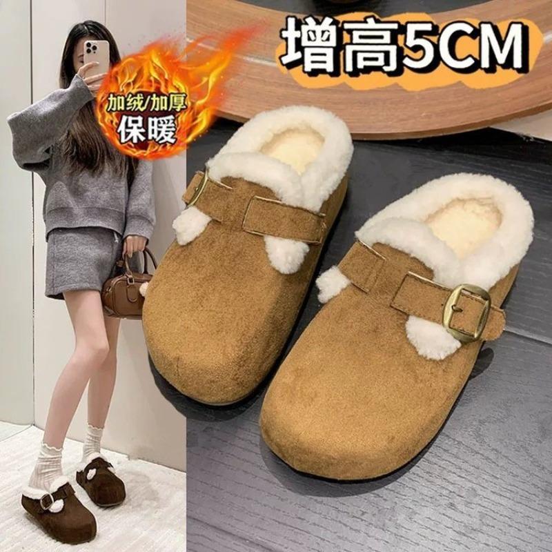 Soft-soled women's fluffy slippers new autumn and winter one-pedal bag head half-drag velvet Boken cotton shoes