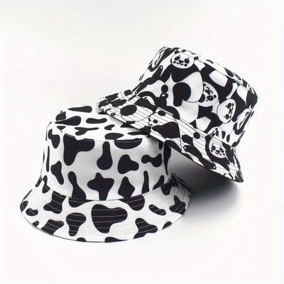 Damen Wendbare Schwarz Weiß Kuh Panda Zebra Muster Fischerhüte Bucket Hats
