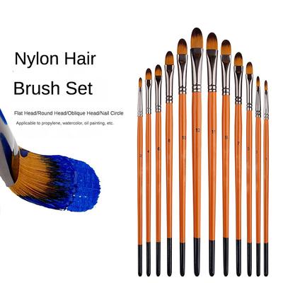 12 Pcs Two-color Nylon Hair Paint  Brush Set Orange Short Wooden Rod Student Art Oil Painting Watercolor Pen Drawing Supply
