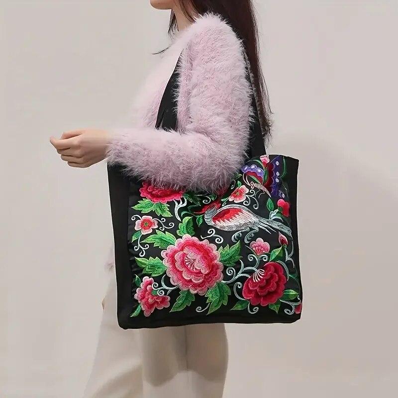Ethnic Style Flower Embroidery Canvas Tote Bag Large Capacity Shoulder Handbag for Women