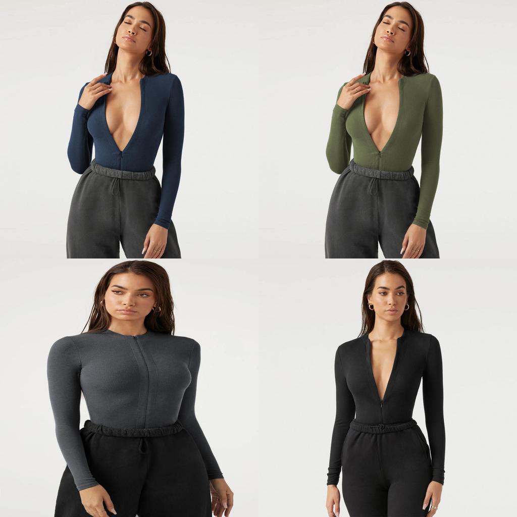 European Style Knit Bodysuit With Zipper Short Pants For Streetwear Fashion Women