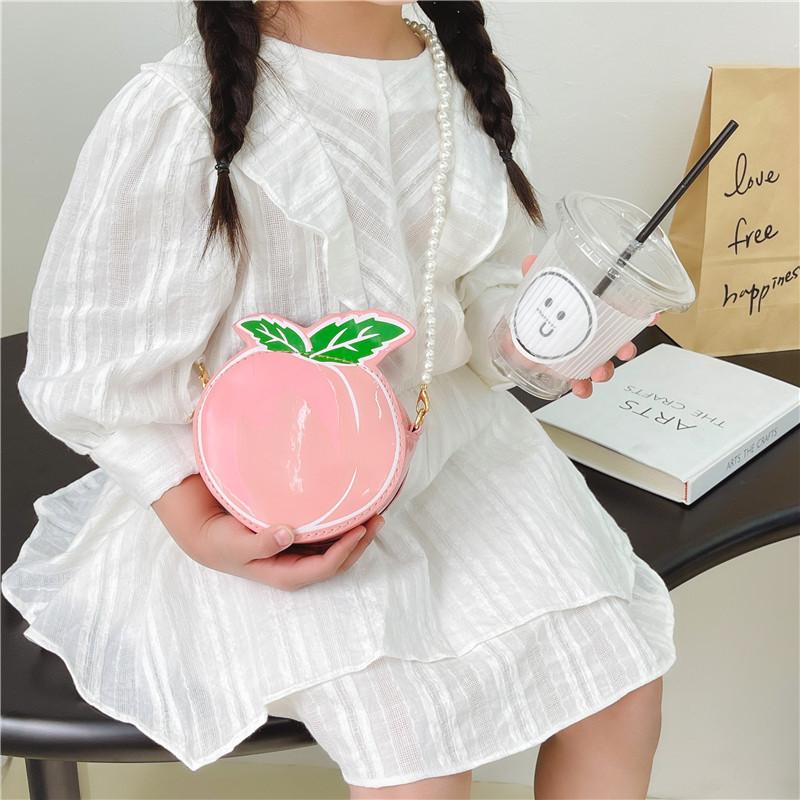 Peach Children Shaped Shoulder Bag Simulation Pearl Chain Casual Bag Crossbody