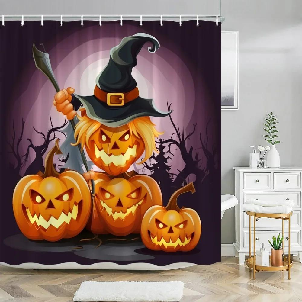 Halloween Pumpkin Bathroom Curtains Cartoon Cute Funny Magic Hat Ghost Broom Bathroom Curtains Party Decor Shower Curtain Fabric