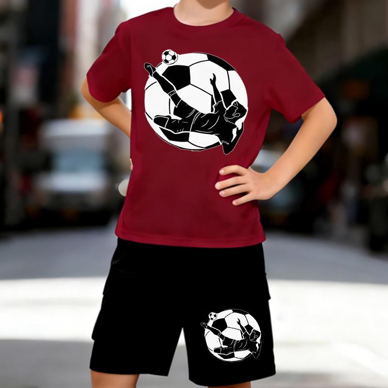 Boys 2 Piece Football Themed Print Outfit, Short Sleeve T-Shirt and Shorts Set for Kids Age 5-14,Black and White Sporty Casual Summer Clothes