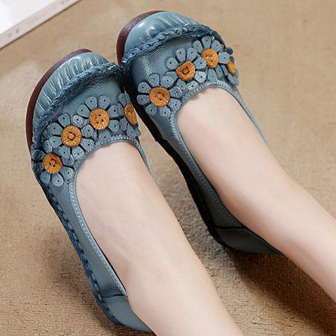 Vintage Flower Moccasins Woman Genuine Leather Ballet Flats Ladies Hollow Slip Women's Luxury Loafer Purple Walking Shoes 42