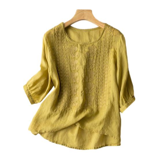 Women Tops Round Neck 3/4 Sleeve Puff Sleeve Loose Fit Casual Tops Embroidery Irregular Hem Blouse Spring Summer Wear