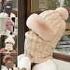 Pullover Hat 3-in-1 Knit Hat Solid Color Plush Ball Decor Fleece Lined Scarf Face Guard Hat Headwear Cold Weather Accessories