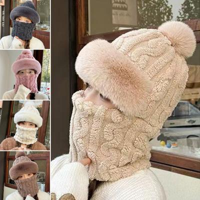 Pullover Hat 3-in-1 Knit Hat Solid Color Plush Ball Decor Fleece Lined