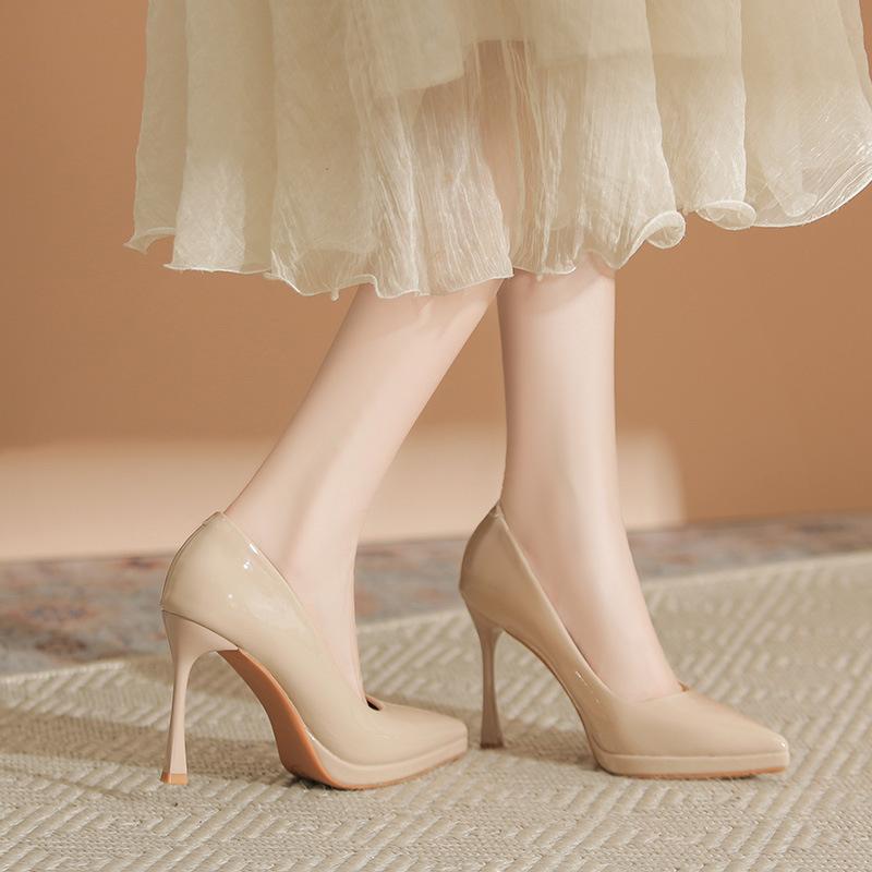 French Waterproof Table High Heels Women's Elegant Temperament Pointed Head Shallow Mouth Stiletto Single Shoes Versatile Height Increase Women's Shoe