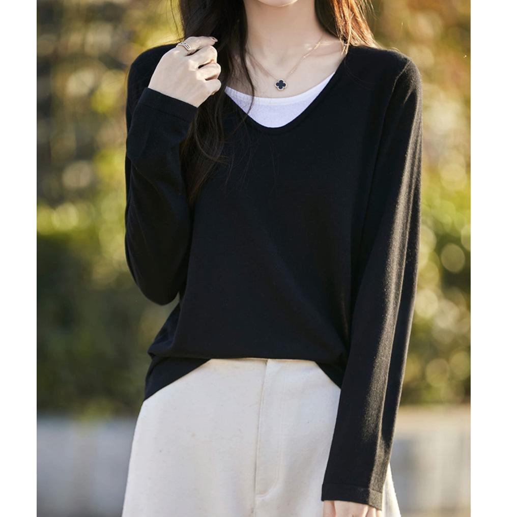 Women's V-Neck Color Block Layered Knit Sweater - Long Sleeve, Lightweight