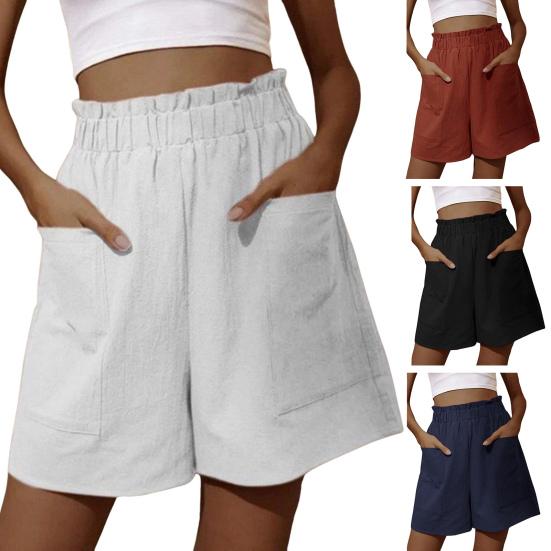 Women Shorts Elastic Knee Length Shirring Loose Side Pockets High Waist Straight Above Soft Solid