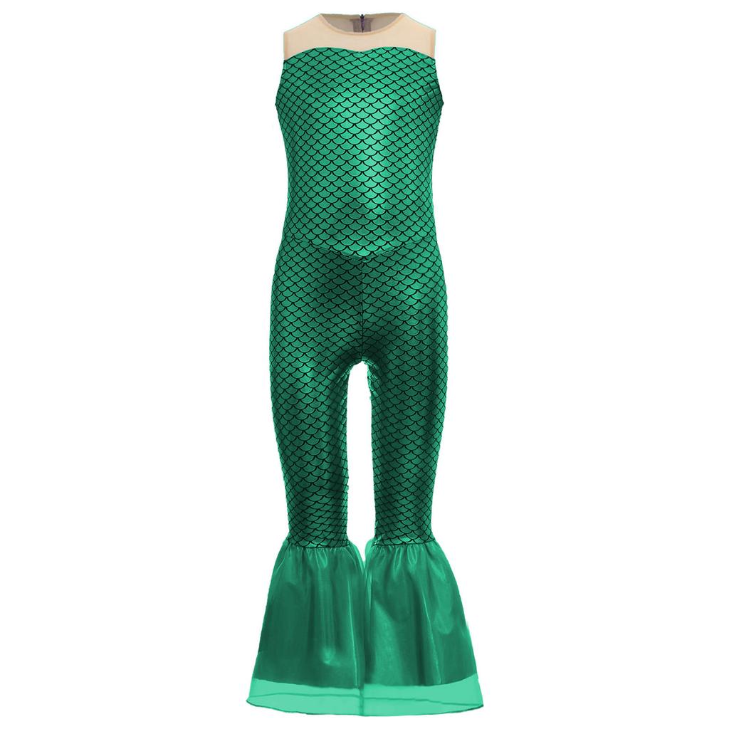 Girls Mermaid Cosplay Costume Sleeveless Flared Jumpsuit Fish Scales Design Halloween Party Outfit