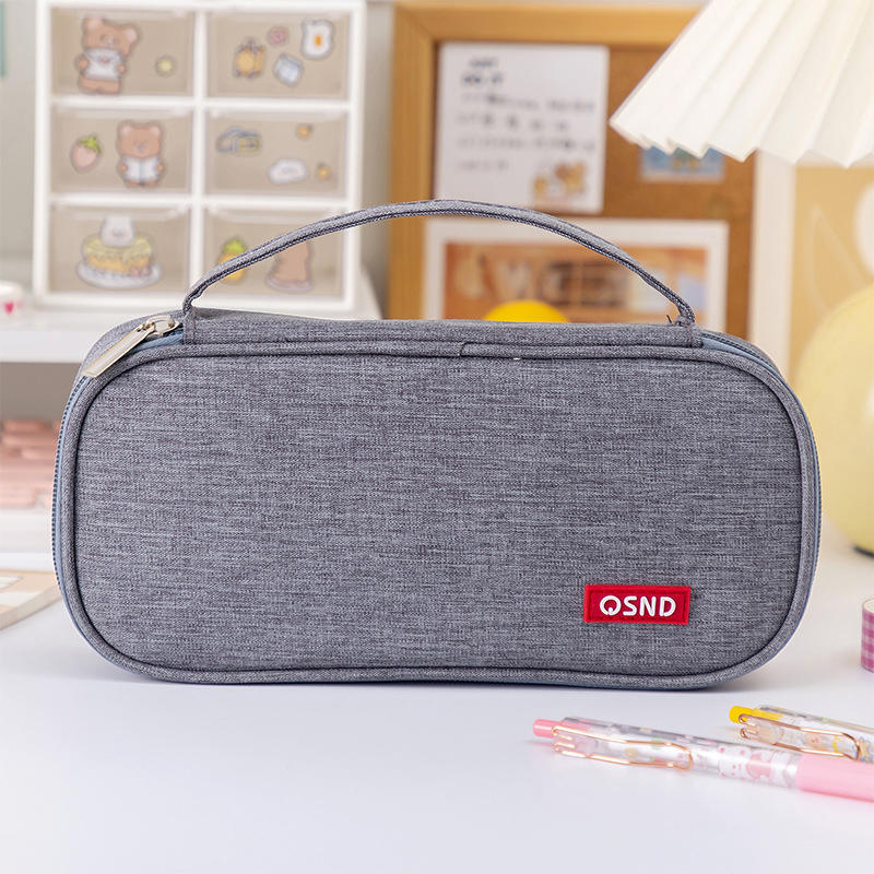 Handheld Double-layer Pencil Case Oxford Cloth Solid Color Student Case Pencil with Pen Clip Compartment Storage Bag School Stationery