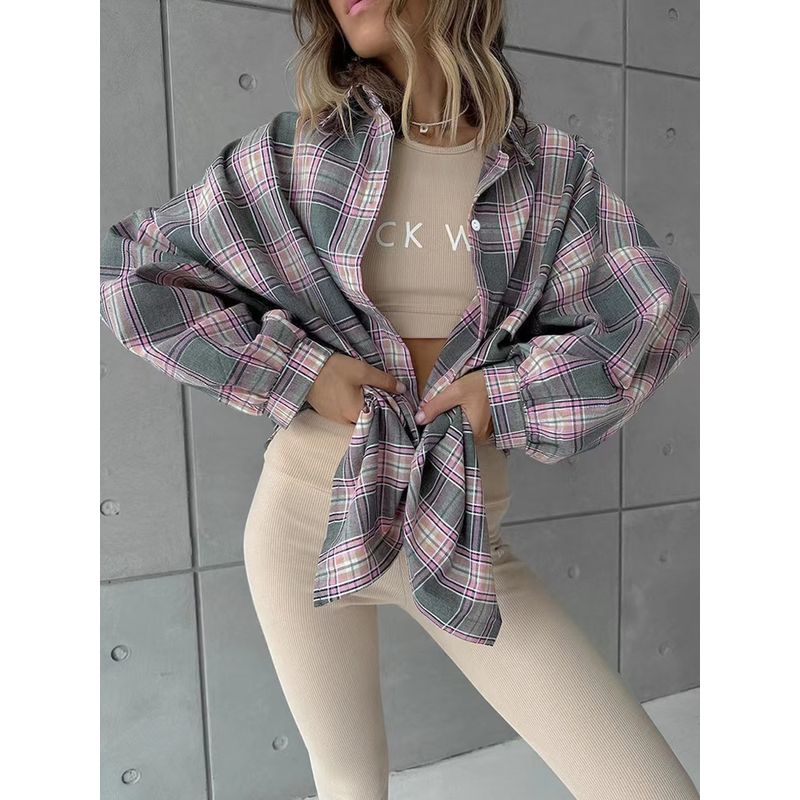 Fashion Style Retro Loose Lapel Versatile Cardigan Plaid Shirt Loose Cardigan Plaid Shirt