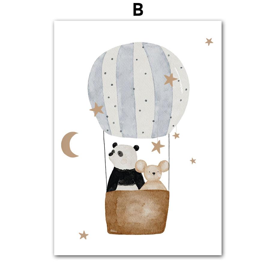 Boho Space Rocket Bear Panda Mouse Nursery Posters Cartoon Wall Art Print Canvas Painting Baby Kids Room Home Decoration Picture