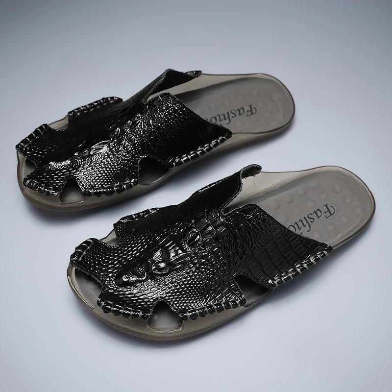 Fashion Crocodile Pattern Men's Summer Flats Breathable Sandals Male Leather Slippers Comfortable Slip-on Half Shoes Cool Casual Slides
