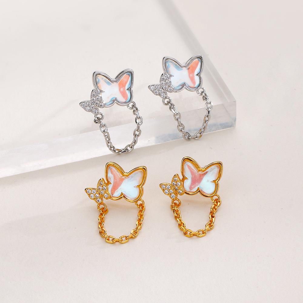 Butterfly Chain Stud Earrings Long Internet Celebrity Exquisite Women'S Flash Diamond Moonstone Earrings