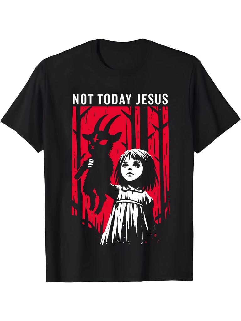 Men'S Gothic Graphic T-Shirt - "Not Today Jesus" with Distressed Red Print Casual Round Neck Tee for Outdoor & Family Wear Gothi