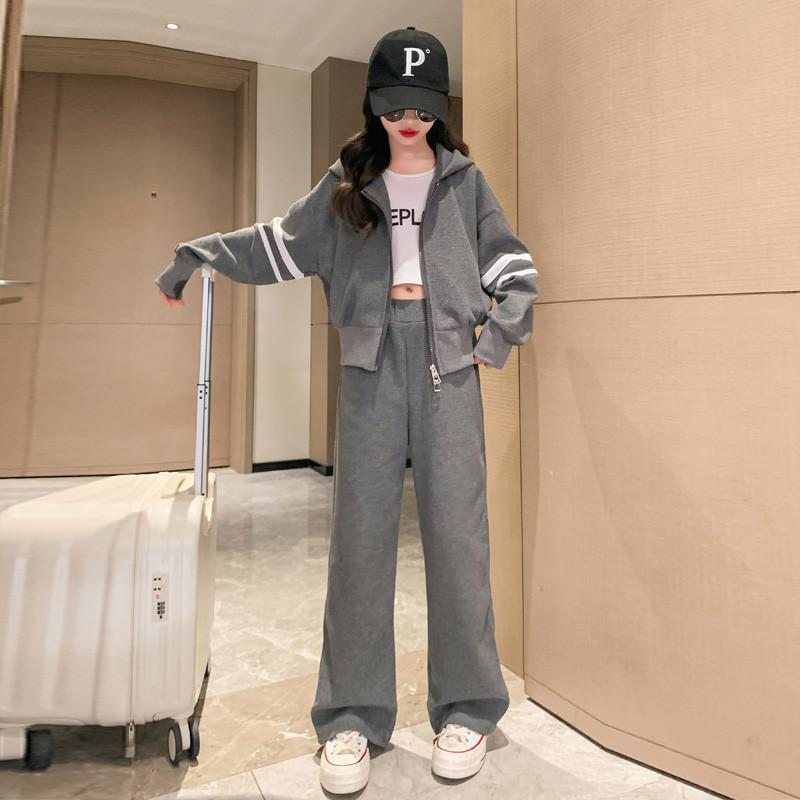 Girls' Spring Hooded Suit with Hoodie and Wide-leg Pants