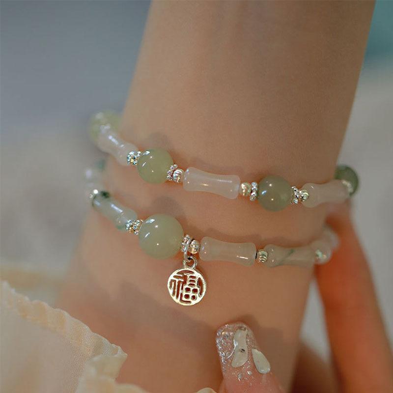 Qinghe Tianshan Green Bamboo Knot Hetian Jade Bracelet for Women with Fortune Pendant, New Chinese Style National Style Jewelry