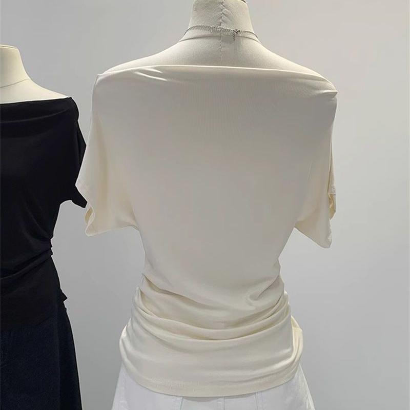 Sommer Reines Verlangen Ein Schulter Schwarz Kurzarm Damen T-Shirt Koreanischer Stil Schlankmachendes Top Freiliegende Schulter Modisch