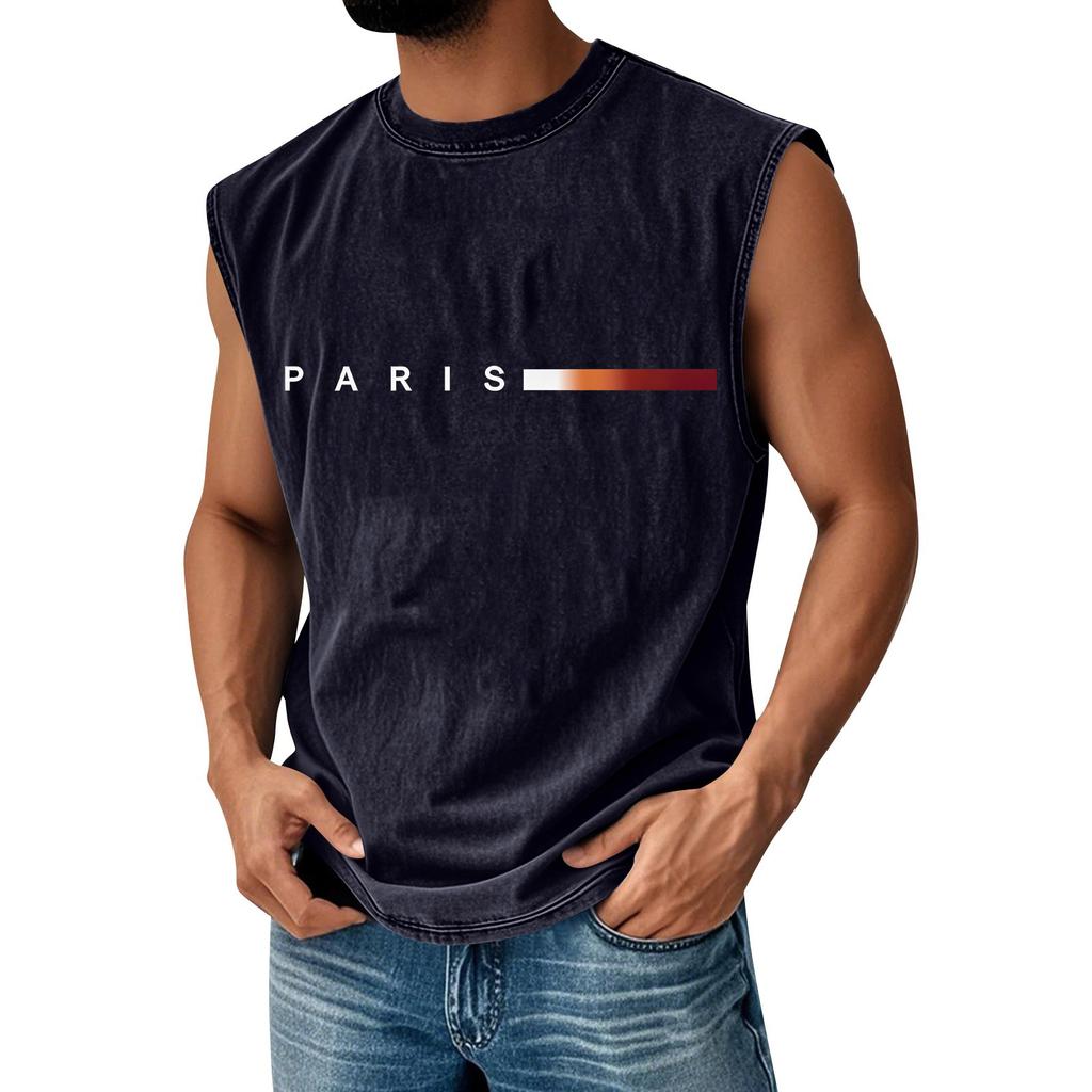 Men's Loose And Casual Trend Letter Print T-shirt - Men's Washed And Distressed Breathable Sports Sleeveless Top