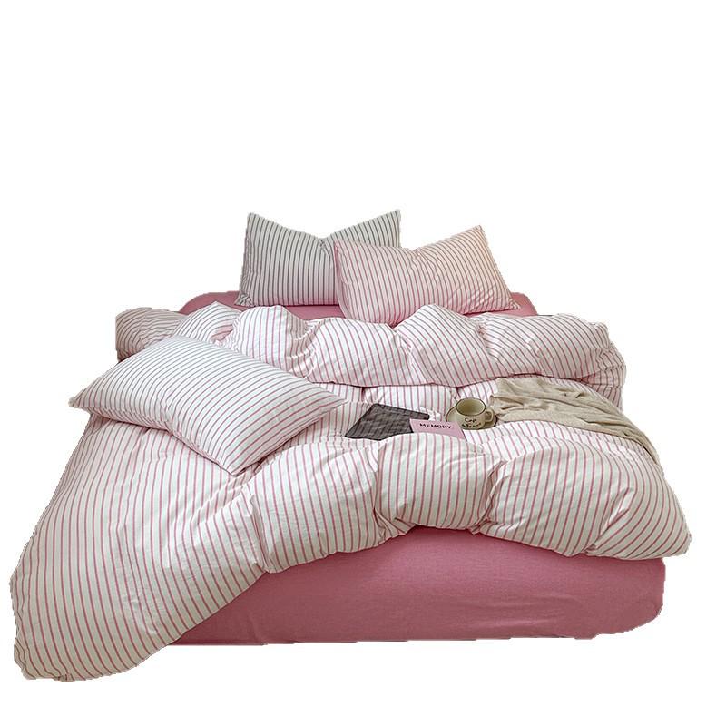 Pure Cotton Four-Piece Bedding Set: Striped Duvet Cover, Bed Sheet for Dorms, A-Class Washed Cotton, Perfect for All Seasons.