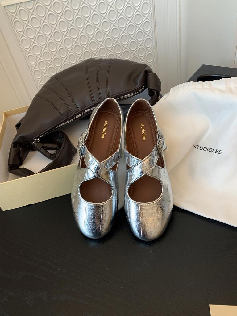 Spot Sheepskin Version~ Grape Mother Same Cross-strap Silver Round Head Mary Jane Women's Shoes Light Mouth Flat Sole Shoes