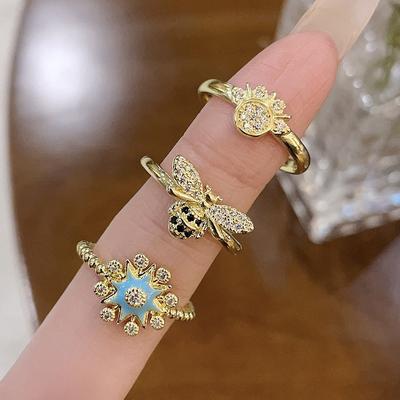 Niche Design Feeling Plated 14K High-End Sense Light Luxury Open Ring Zircon French Bee Fashion Ring Women