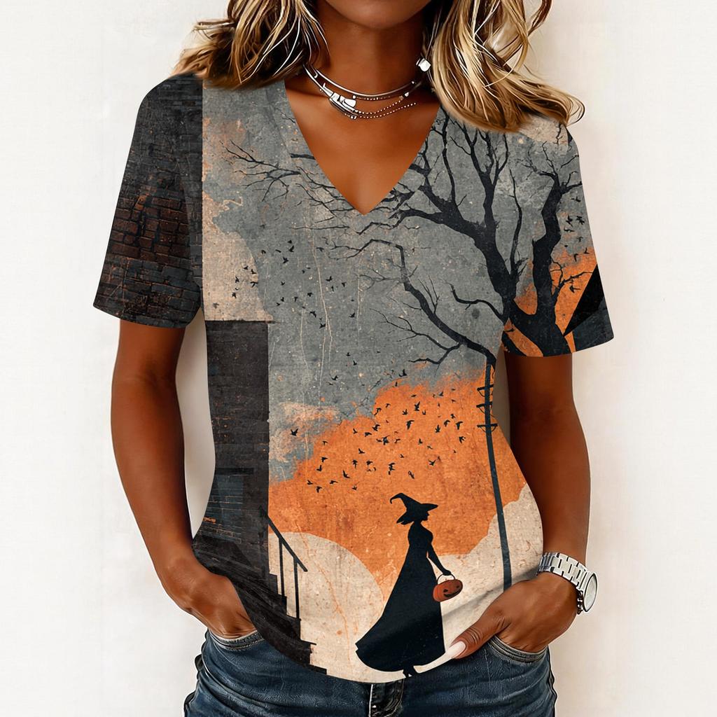 Women's Casual V Neck Pullover Top Halloween Pumpkin Print Short Sleeve Shirt Lightweight Comfortable Fit