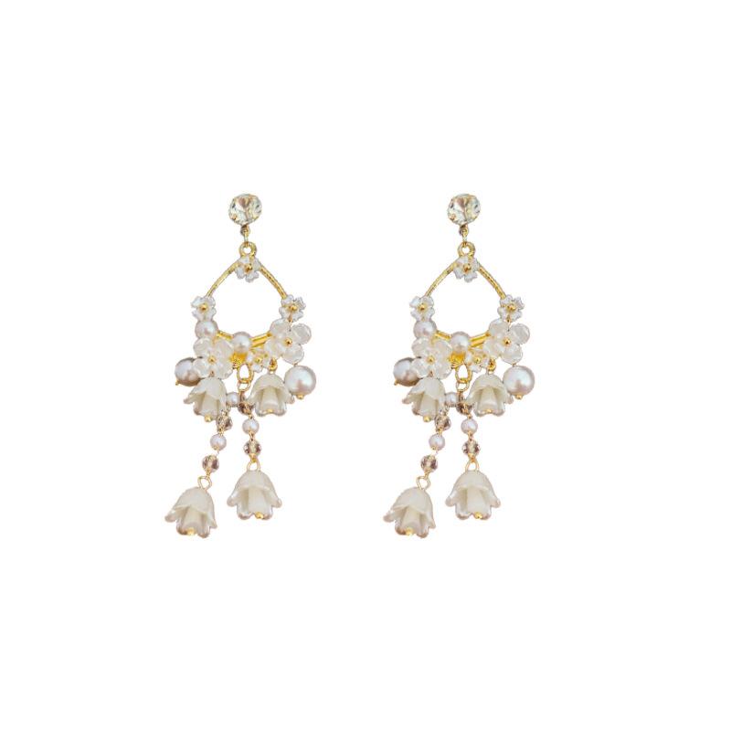GemChic Women's New Elegant Diamond Set Flower Bell Pearl Fringe Earrings Ethnic Fashion Stud Earrings Birthday Christmas Jewelry Gift