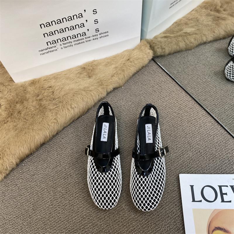 Round head hollow one-word buckle single shoes women's 2025 spring new ins fashion sparkling flat Mary Jane shoes fishing net