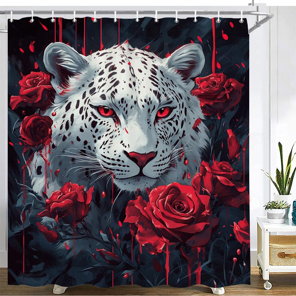 

Intense Snow Leopard & Red Roses Waterproof Mildew-Resistant Shower Curtain - Bold Art Design for a Dramatic Bathroom Décor W90XH180cm