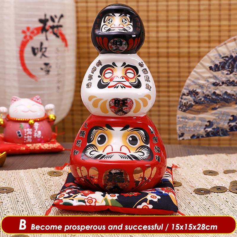 11 Inch Ceramic Daruma Tower Japanese Porcelain Maneki Neko Collectible Figurine Dharma Good Luck Zen Statue Money Box