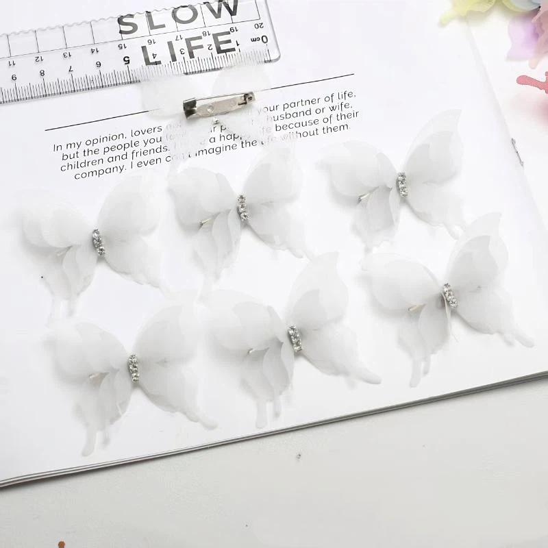 6 Colors 3D Tulle Butterfly Brooch Pins 10Pcs Rhinestone Organza Lapel Pins for Women Fashion Daily Wear Accessory