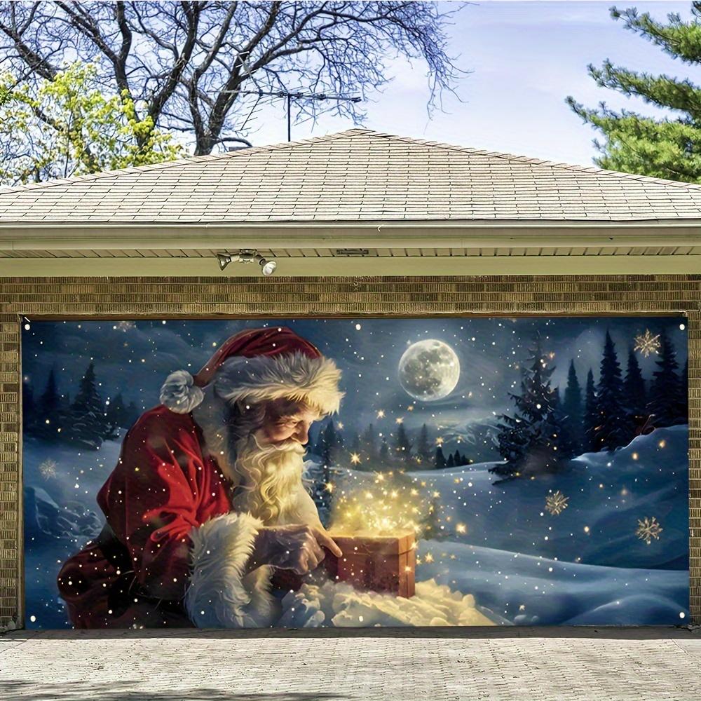 Garage banner - Santa Claus glowing snow scenery with gifts and snowflakes with built-in lighting for winter decoration