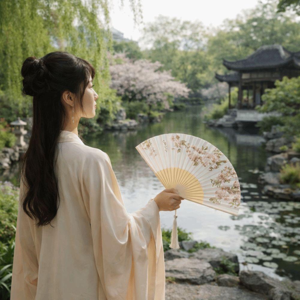 Decorative Bamboo Fan Flower Pattern Dance Fan Portable Cloth Hand Fan  Home Decoration