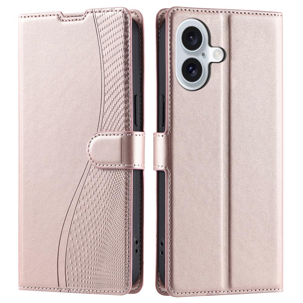 

For iPhone 16 Plus Case Dots Imprinted PU Leather Flip Phone Cover with Card Slot,Strap Rose Gold