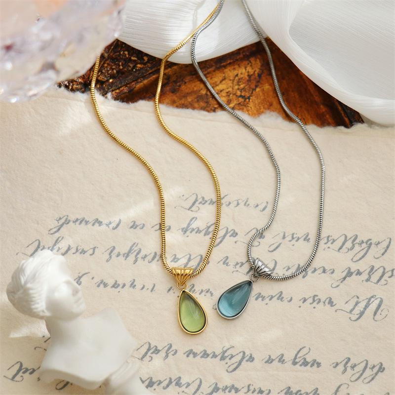 French Transparent Green Water Drop Ocean Necklace with Snake Bone Chain - Fashionable Gold-Plated Titanium Steel.