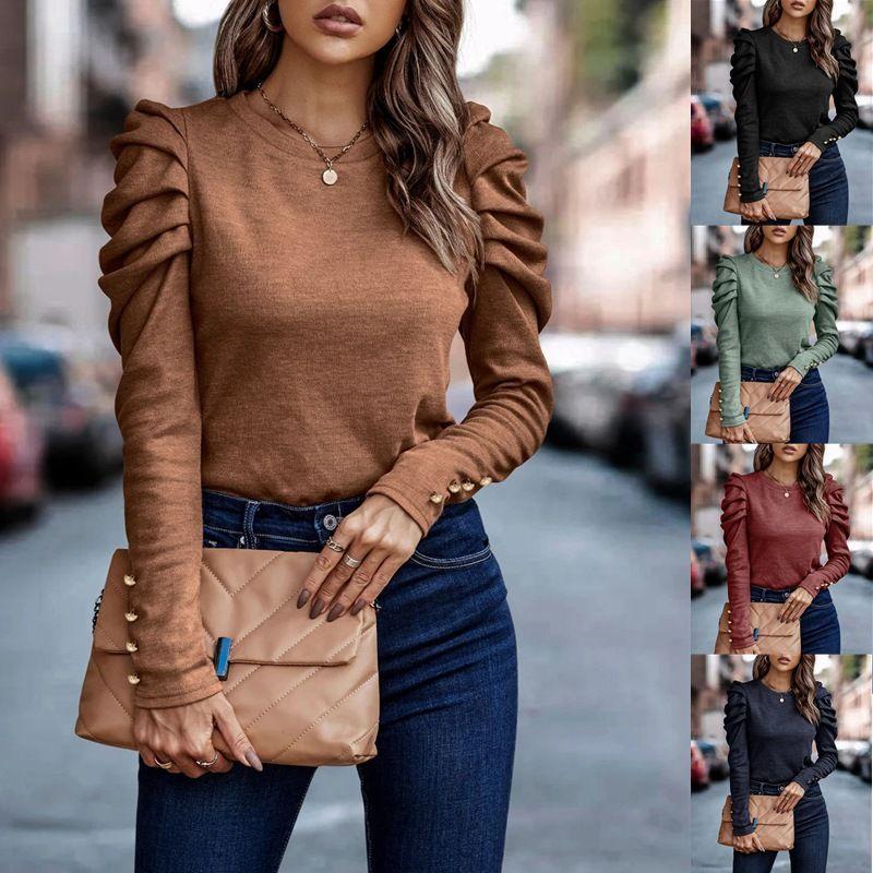 

2025 round Neck Slim Fit Bubble Sleeve Long Sleeved Top Black M