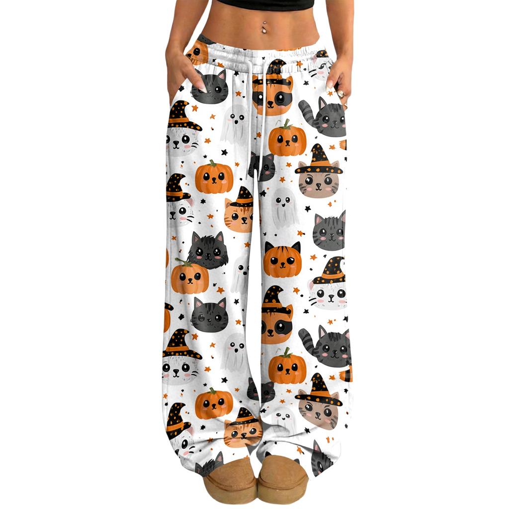 Women's Halloween Print Loose Fit Drawstring Waist Wide Leg Pants for Casual Daily Wear