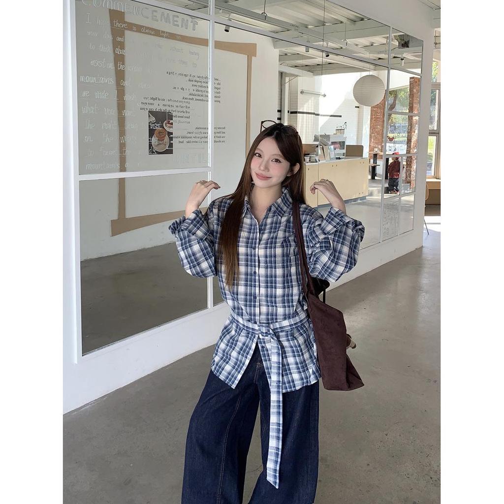 Women's Retro Korean Blue Plaid Tie-Waist Shirt - Long-Sleeve Top for Spring/Autumn 2026