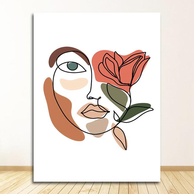 Wandbilder für Wohnzimmer, Salon, Heimdekoration, Wandkunst, Leinwand, Malerei, Blumenmädchen, abstraktes Gesicht, nordische Poster und Drucke