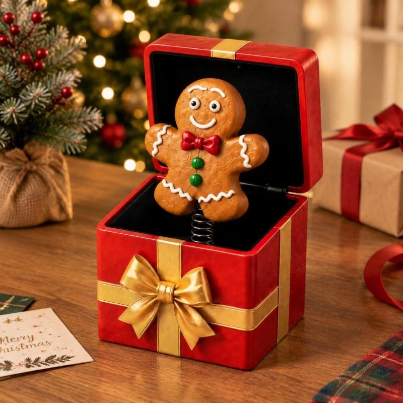 Hinged Christmas Gift Box Toy with a Spring-Mounted Figure That Rises As the Lid Opens for Holiday Gift Giving