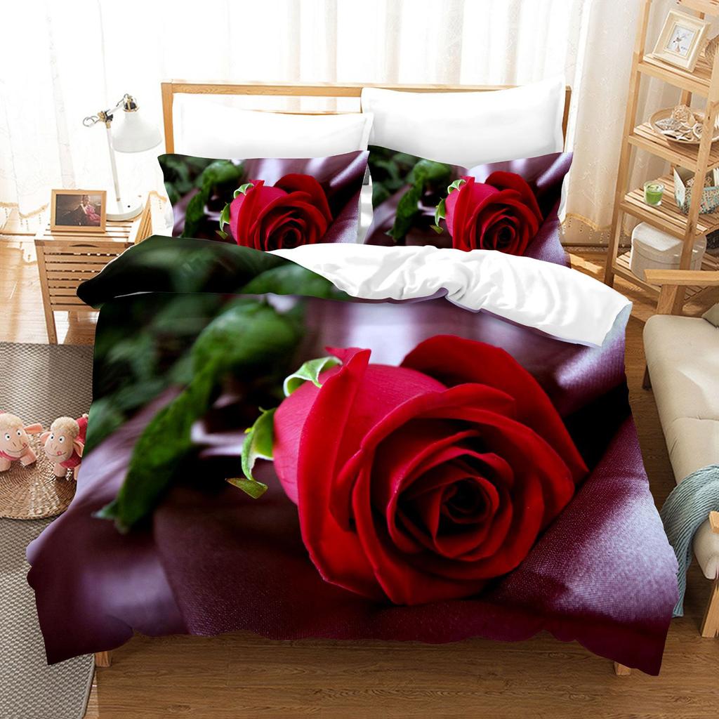 3pcs Bedding Set Red Rose Flowers Print Duvet Cover Set Single Double King Size Bed Set for Adult Home Bedroom with Pillow Case