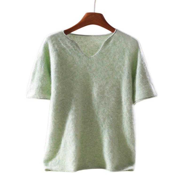 2026 A/W Women's V-Neck Cashmere Wool Knit Short Sleeve Sweater