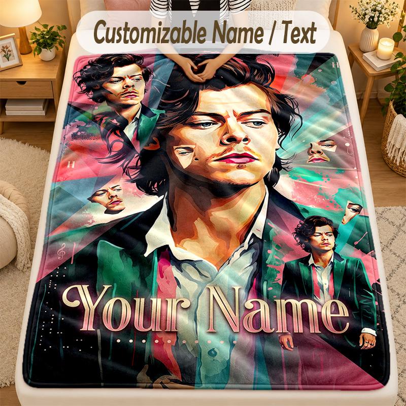 Flannel BlanketHarry Styles Custom Name Text Personalized Soft Warm Throw Blanket Home Decor Gift