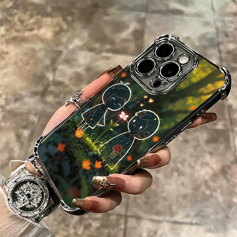 Nature Cute Child Painting Style Plating Phone Case For Iphone 16 17 Pro Max Air 16E 14 15 Plus 12 13 Mini Anti-Fall Airabag Cov